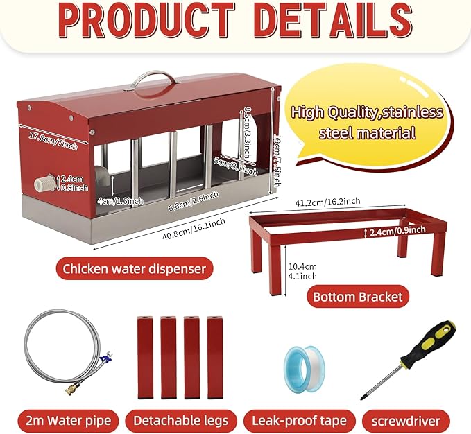Automatic Chicken Waterer，Stainless Steel Large Chicken Drinker with Float Valve,Multi-Side Drinking Holes and Detachable Legs,Easy Clean Poultry Water Dispenser for Chicken Coop Duck Pigeon,Goose