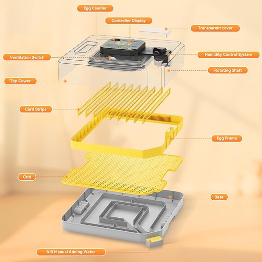 Incubator for Hatching Eggs-48 Egg Capacity, 2026 Newly Upraded Auto Egg Turner & Auto Precision Humidity Control System, 360° Clear Viewing for Chicken, Duck and Quail Eggs (Yellow)