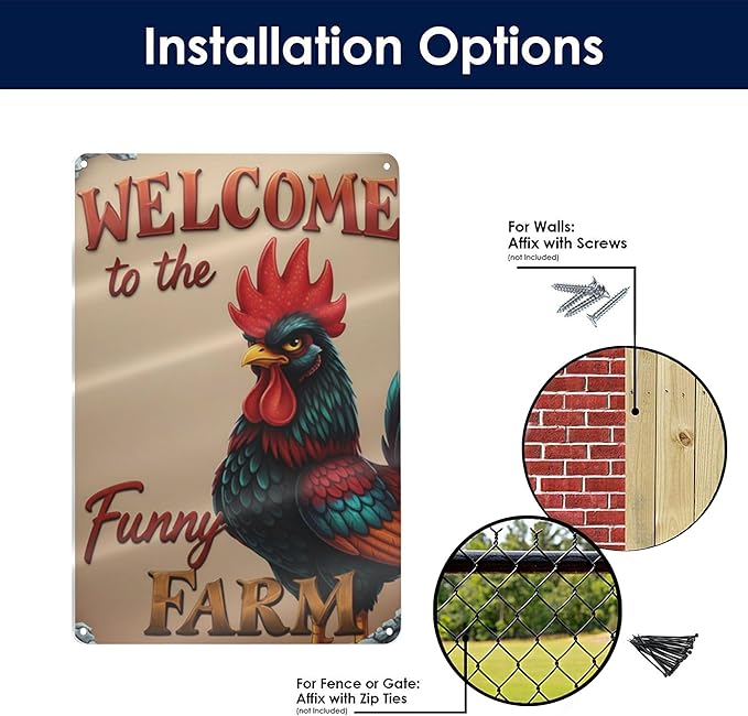 Welcome to The Funny Farm Aluminum Sign Humorous Chicken Coop Sign Rustic Farmhouse Welcome Sign for Backyard Flock 8x12 Inches Outdoor Metal Decor Style-01