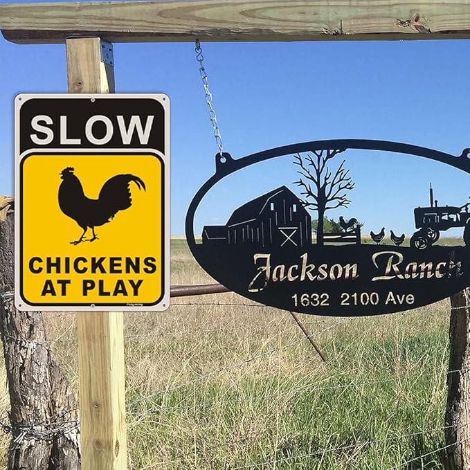 2 Pack Slow Chickens at Play Sign Chicken Crossing Sign 14 x 10 Inches Chicken Coop Signs for Farm Metal Reflective Rust Aluminum Weatherproof UV Protected Easy Mount Indoor Outdoor Use