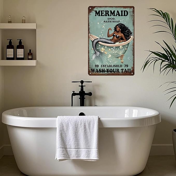 Funny Mermaid Sign Company Bath Soap Metal Signs Wash Your Tail Mermaid Wall Decor Retro Poster for Room Living Room Bathroom Toilet Hotel 12x8 Inch