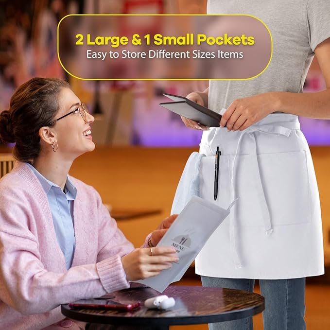 ROTANET Server Apron Black with 3 Pockets 18 Inch Long Waiter Waitress Bistro Half Waist Aprons for Women Men Waterproof