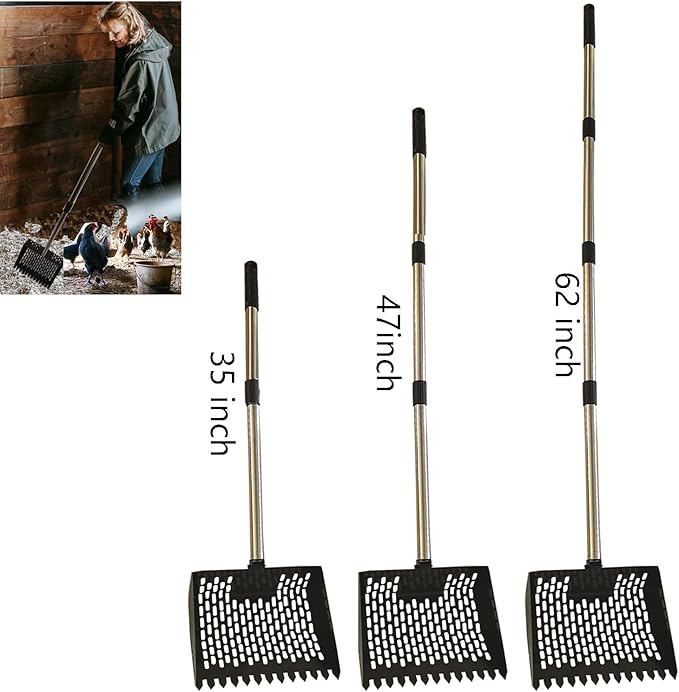 2 in1 Chicken Poop Scooper & Rake 10 Inch Chicken Scooper with Ergonomic Grip Adjustable Long Handle (22 to 62") Sifting Shovel Stainless Steel Metal Poop Scooper