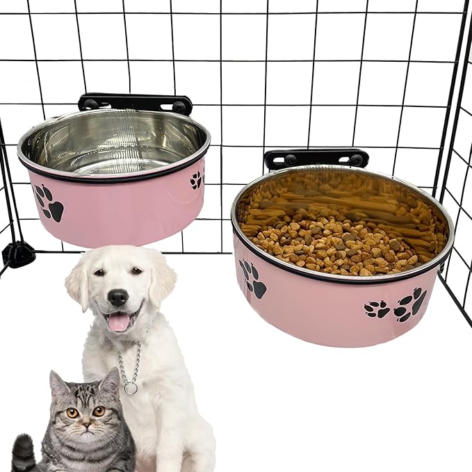 Dog Crate Food and Water Bowl 2Pcs Small Pet Hanging Kennel Removable Dish Feeding Cup No Spill with Holder for Medium Large Size Cat Puppy (Pink, 5.5''X2.3''&6.3‘’X2.5'')