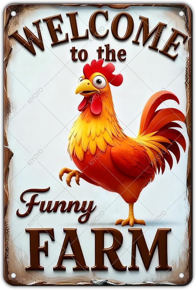 Funny Rooster Decor Sign Welcome To The Funny Farm Rustic Tin Sign for Home Farm Chicken Coop Decor 12x8 Inch