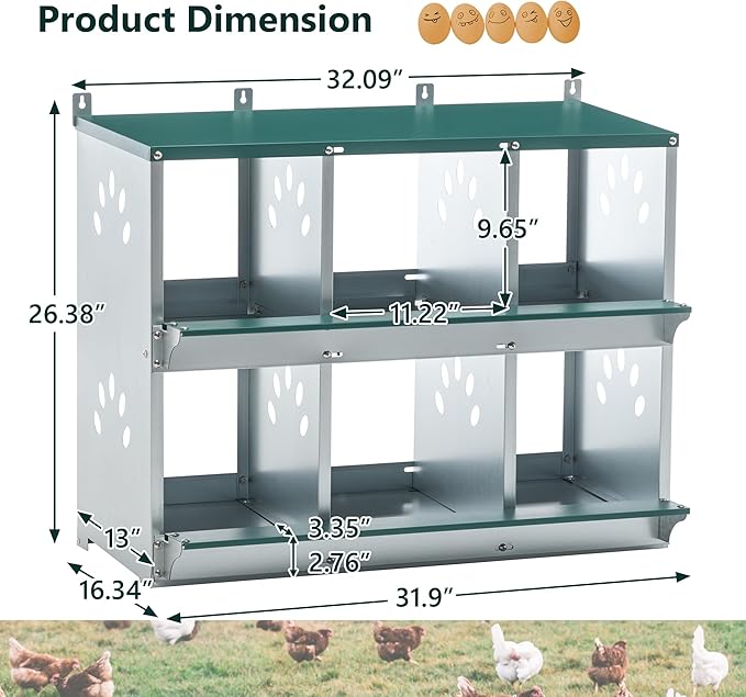 6 Compartment Chicken Nest Box, 6 Room Galvanized Steel Rustproof Metal Nesting Boxes, Chicken Egg Collection Laying Box for Hens