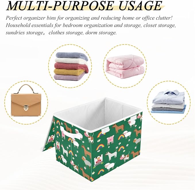 Storage Box Farm Animal Pattern Storage Bins with Lids, Larger Collapsible Fabric Storage Baskes with Handles for Living Room, Playroom, Bedroom, Nursery 16.5x12.6x11.8 Inch