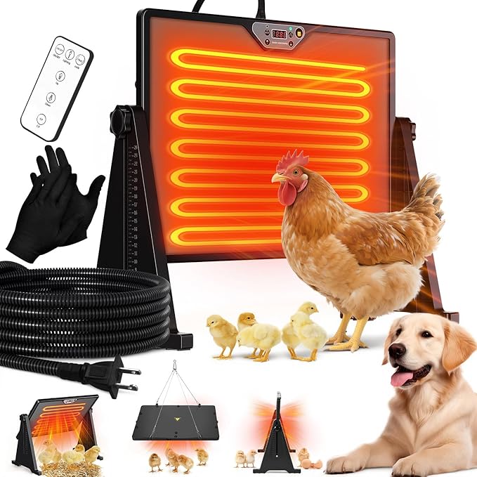 300W Chicken Coop Heater, Double Sided Heating with Adjustable Temperature Remote Control & Timer Function, Hanging Chicken Coop Heater for Winter Warmth, Includes Gloves and Chew-Proof Cord