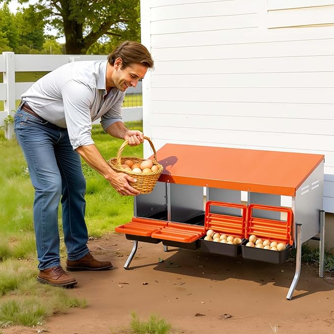 VEVOR Chicken Nesting Boxes, 4 Compartments, with Support Legs, Easy Egg Collection, Galvanized Steel and High-Strength Plastic, Roll Away Nesting Boxes for Chickens and Hens Laying Eggs, Orange