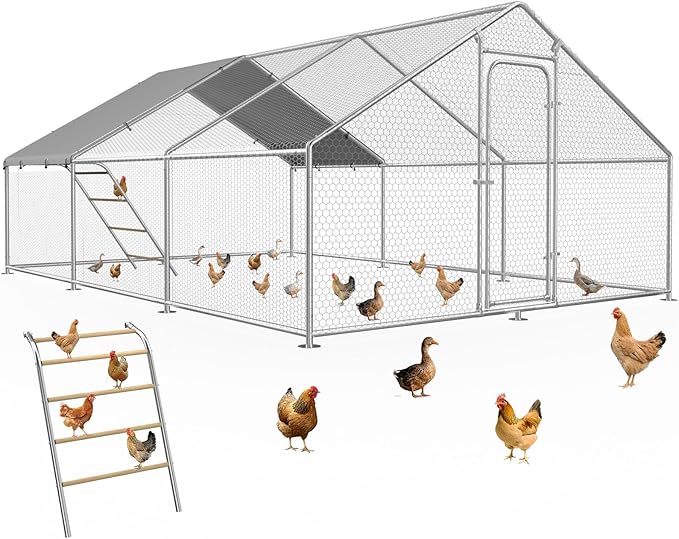 Large Metal Chicken Coop Run with Roosting Perch, Outdoor Waterproof & UV-Resistant Cover for Chickens, Ducks, Rabbits, and Hens in Yard or Farm Use Spire Roof (13.1'Wx19.7'Lx 6.5'H)