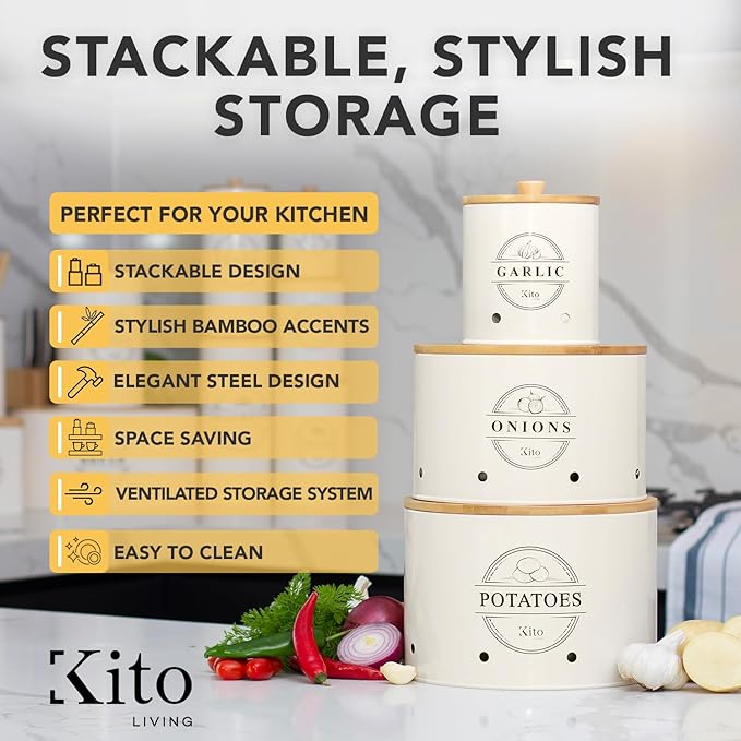 Canister Sets for Kitchen Counter with Wooden Bamboo Lids, Kitchen Canisters for Countertop, Stackable Steel Farmhouse Canisters for Potato Storage, Onion and Potato Storage Bins - Cream