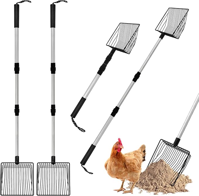2pack Chicken Poop Scoopers,3 in 1 Adjustable Sifting Shovel for Chicken Coop Non-Stick Metal Chicken Coop Cleaning SuppliesTools Scooper Poop Shovel for Sifting Chicken Sand and Wood Shavings