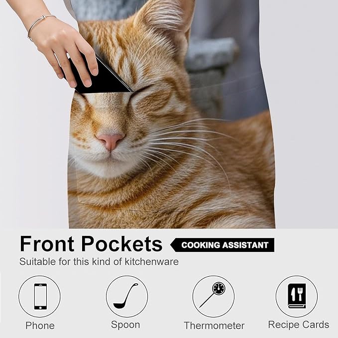 Waterproof Apron Adjustable Bib Aprons with Pockets Orange Cat Sleeping Apron Kitchen Aprons for Women Men