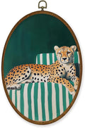 WULQYING Vintage Cheetah Sofa Wall Art Decor, Jungle Leopard Oval Framed Canvas Art Prints, Emerald Striped Sofa Animal Wall Hanging Decor for Home Living Room Gallery Apartment, 8.6x11.4 Inches