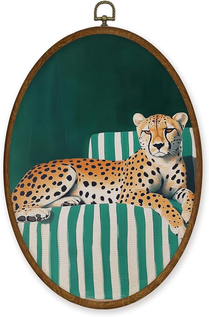 WULQYING Vintage Cheetah Sofa Wall Art Decor, Jungle Leopard Oval Framed Canvas Art Prints, Emerald Striped Sofa Animal Wall Hanging Decor for Home Living Room Gallery Apartment, 8.6x11.4 Inches