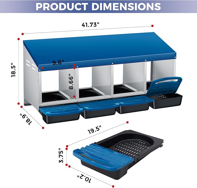 Nesting Boxes for Chickens, 4 Holes Chicken Nesting Box with Removable Tray, Easy Egg Collection, Roll Away Nesting Box for Hens, Chicken Coop, Blue