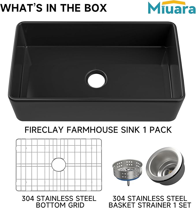 Miuara Black Farmhouse Sink 33 Inch - Large Apron Front Kitchen Sink Single Bowl 33"x18"x10", Undermount Installation, Farm House Style, Heavy Duty Solid Fireclay, Matte Black, for Kitchen