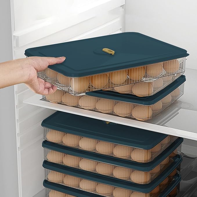 Egg Holder for Fridge, 24 Capacity Egg Holder Countertop, Stackable Space-Saving Plastic Fridge Organizers and Storage with Lid for Kitchen or Pantry, Blue