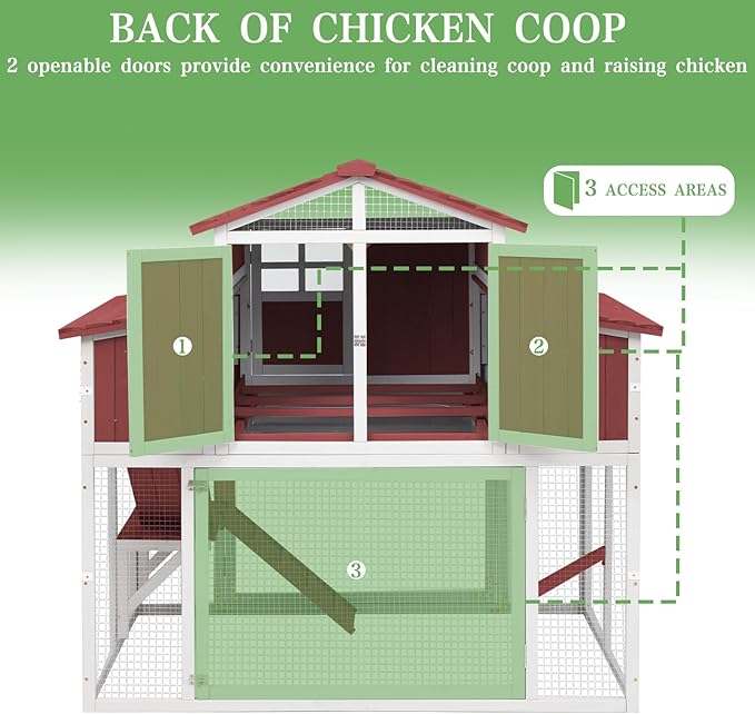56.03" L 2-Story Chicken Coop with Run,Fir Wood Chicken House Hen House with 2 Large Nesting Boxes,Expandable Poultry Cage for 2-4 Chicken with 4 Perching Bars,Pull-Out Tray,Ramps,RED