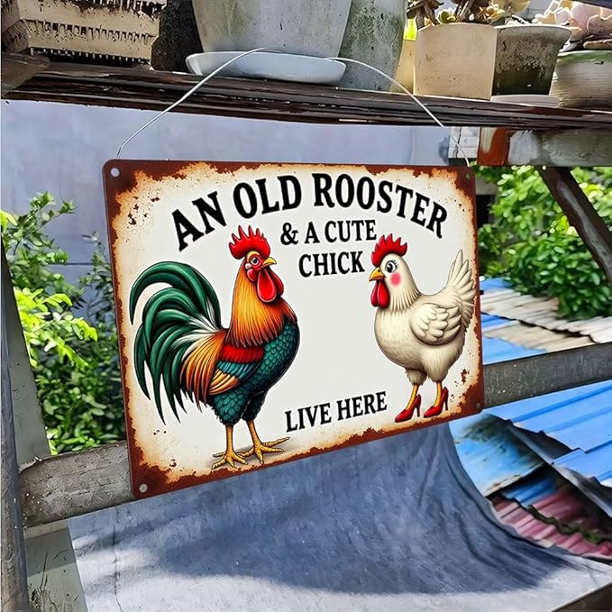 FunnySign Chicken Gifts Rooster Décor An Old Rooster & A Cute Chick Live Here Rustic Tin Sign For Home Farm Chicken Coop Decor 8x12 Inch (9713)