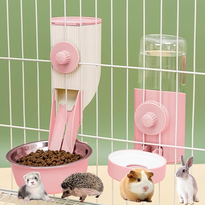 Hanging Automatic Food Feeder and Water Dispenser Bunny Gravity Feeding Station Waterer Set Self-Dispensing Feeder for Rabbit,Ferret,Guinea Pigs Chinchillas Hedgehog
