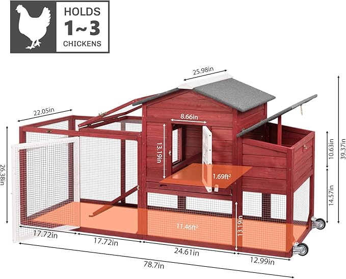 PetsCosset 79" Wooden Chicken Coop Rabbit Cage with Nesting Box, Waterproof Roof, Removable Tray, Combinable
