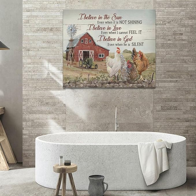 banonaty Rooster Kitchen Decor Wall Art Rustic Farmhouse Chicken Barn Pictures Wall Decor Country Inspirational Quotes Canvas Prints Home Office Decorations For Bathroom Dinning Room Framed 24""x20""