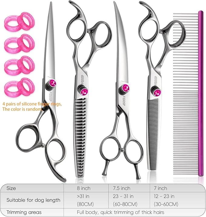 Dog Grooming Scissors Kit 7.5 in Professional Curved Thinning Straight Chunker Shears and Comb 5pcs Set for Grooming Big Dogs Poodle Pet Japan 440C Stainless Steel(7.5'',Kit)