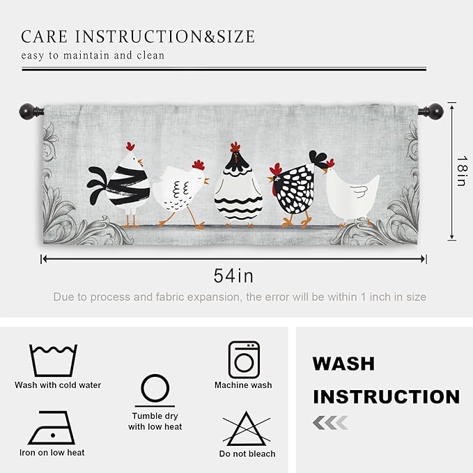 Miyotaa Rooster Chicken Kitchen Curtain Valance 54W x 18H Rod Pocket Vintage Farmhouse Rustic Retro Farm Country Rural Window Treatment for Living Room Bedroom Bathroom