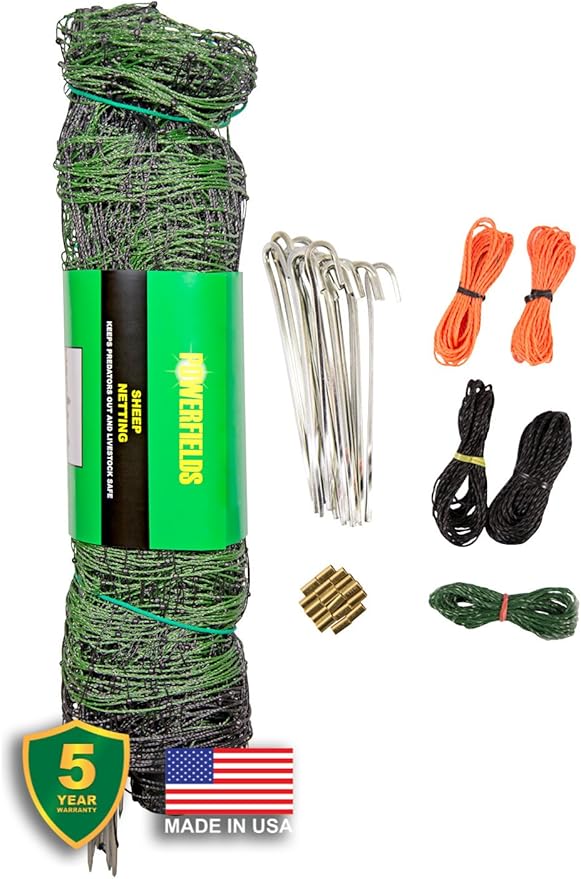 Powerfields P-75-G Electric 32-Inch Sheep Fence-Netting, 32-Inches Tall X 164-Feet Long Netting, 15 Line Post, 19 Stakes, 2 Tie-Down Cords, Repair Kit, Green Netting