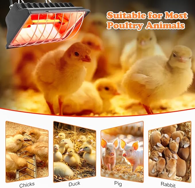 Chicken Brooder Heater for Chicks Coop with 2 Heat Lamps, 250W Hen Chick Warmer with Adjustable Height & Temperature, 6ft Cord, Aluminum Alloy Lamp Shade for Chicks Ducks Livestock Indoor