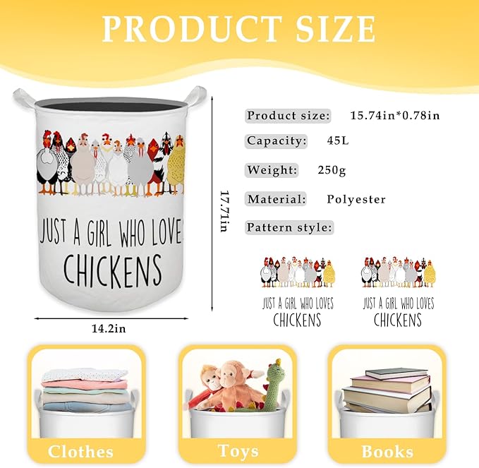 Chicken Gifts for Girls Laundry Basket, Farmhouse Chicken Rooster Waterproof Collapsible Laundry Hamper Dirty Clothes Storage Toy Bin Organizer for Bathroom Bedroom Nursery Girls Kids Room