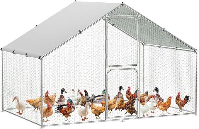 6.6FT Height Walk in Chicken Coop Metal, Outdoor Chicken Run with Split Door, Waterproof & UV Resistant Cover, Large Poultry Cage for Goose Rabbit, Duck Houses for Outside Yard Farm