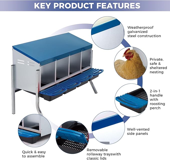 Nesting Boxes for Chickens, 4 Holes Chicken Nesting Box with Removable Tray, Easy Egg Collection, Roll Away Nesting Box for Hens, Chicken Coop, with Legs, Blue