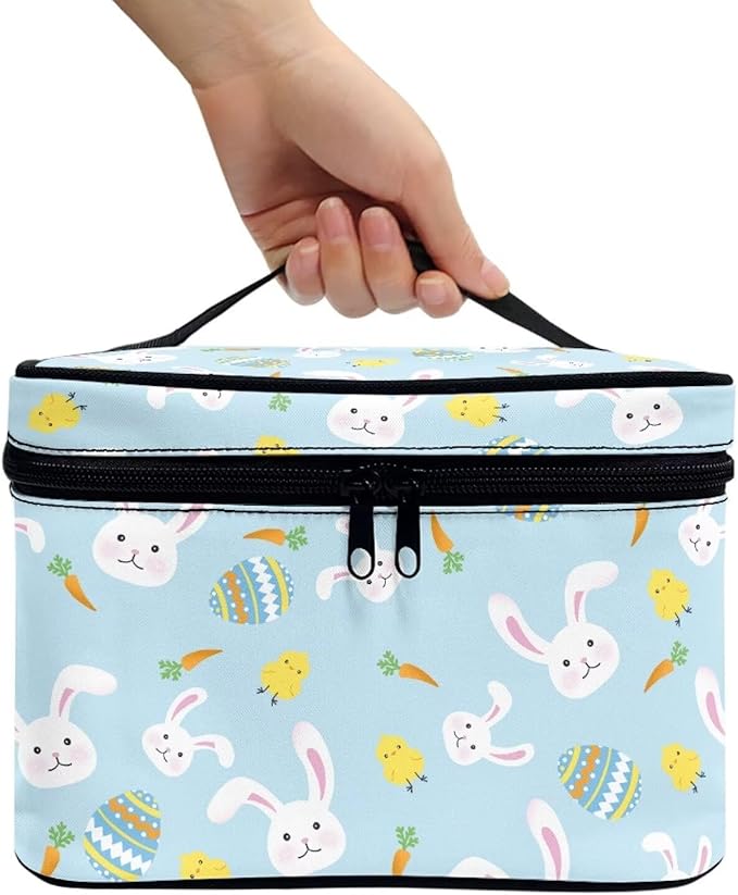 Rabbit Chicken Easter Eggs Carrot Print Travel Makeup Bags for Women Portable Tote Cosmetic Case with Carry Handle Toiletry Accessories Storage Organizer Bags Blue