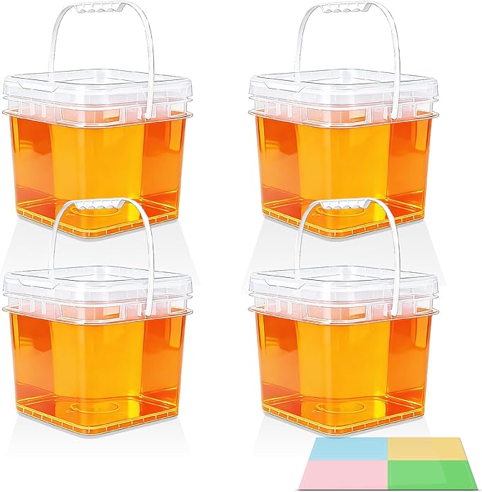 Food Storage Buckets with Lids - 4 Set Square Clear Plastic Containers, Airtight Pressure Seal & Handle for Kitchen Freezer Prep (Clear, 1.3 gal)