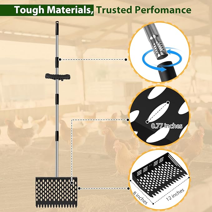 2 in 1 Chicken Poop Scooper & Rake, 12" Chicken Coop Scooper With Ergonomic Grip, Durable Chicken Scooper for Poop With 4 Length Adjustable Stainless Steel Handle(24 to 67") Litter Sifting Shovel