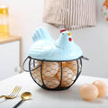Egg Storage Organizer for Kitchen Countertop, Ceramic Chicken Lid with Wire Basket Dispenser, Black Chicken Egg Holder for Fresh Eggs, Rustics Egg Dispenser Rack for Farmhouse Decor (Blue)