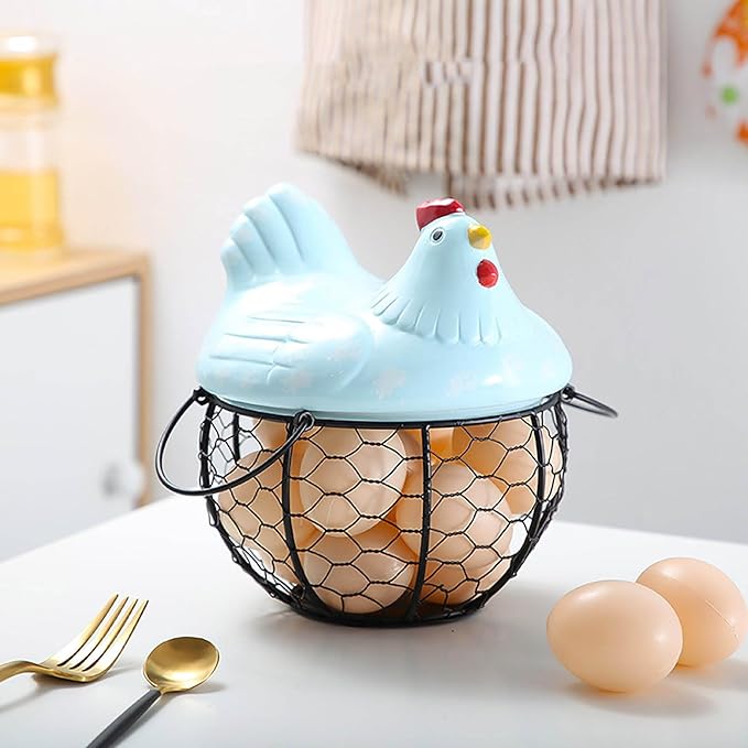Egg Storage Organizer for Kitchen Countertop, Ceramic Chicken Lid with Wire Basket Dispenser, Black Chicken Egg Holder for Fresh Eggs, Rustics Egg Dispenser Rack for Farmhouse Decor (Blue)