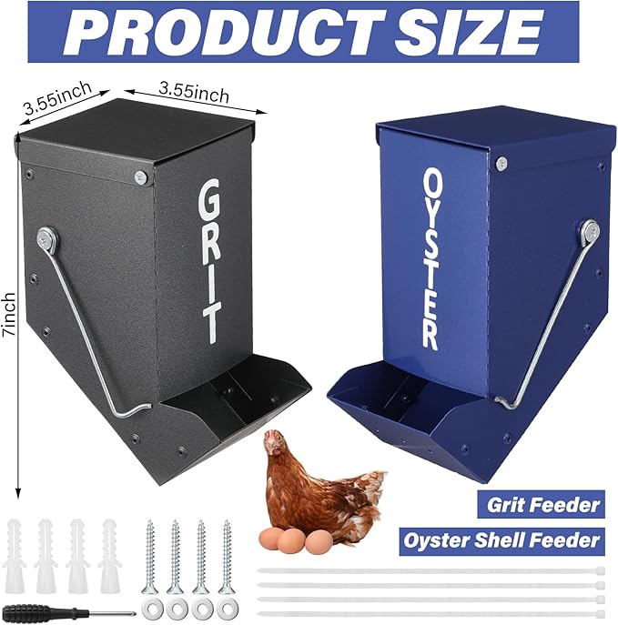 Zonon 2 Pcs Chicken Grit Feeder Metal Automatic Oyster Shell Feeder with Lid Hanging Gravity Poultry Chicken Coop Accessories for Hens Chicks Cages Wall Pillar, Navy Blue and Grey