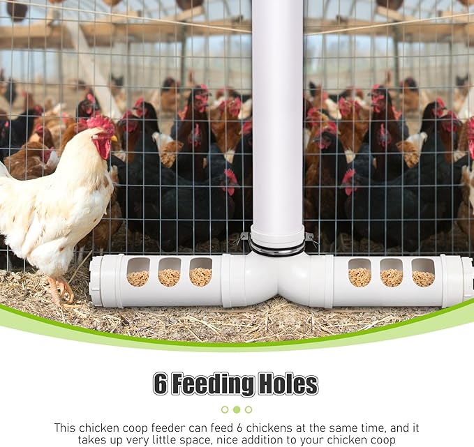PVC Pipe Chicken Feeder No Waste Automatic Chicken Feeder Tube 12 Lbs Capacity, Wall Mounted Gravity Fed Poultry Feeder with 6 Feeding Holes for Chicken Coop