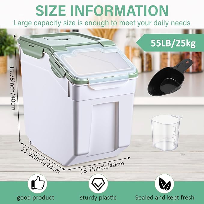 Sunnyray 4 Pcs 55 lbs Grain Rice Storage Container Flour Bin with Wheels Cup Leak Proof Pet Food Storage Boxes Seal Locking Lid Plastic Rice Containers Set for Cereal Flour Cat Dog Food (Green)