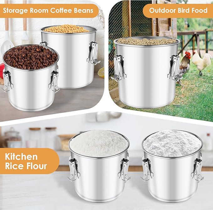 Stainless Steel Containers with Lids,20 lbs Large Capacity Food Storage Containers for Rice Flour Sugar Grain Coffee Bean,Airtight Canister for Kitchen & Pantry Organization
