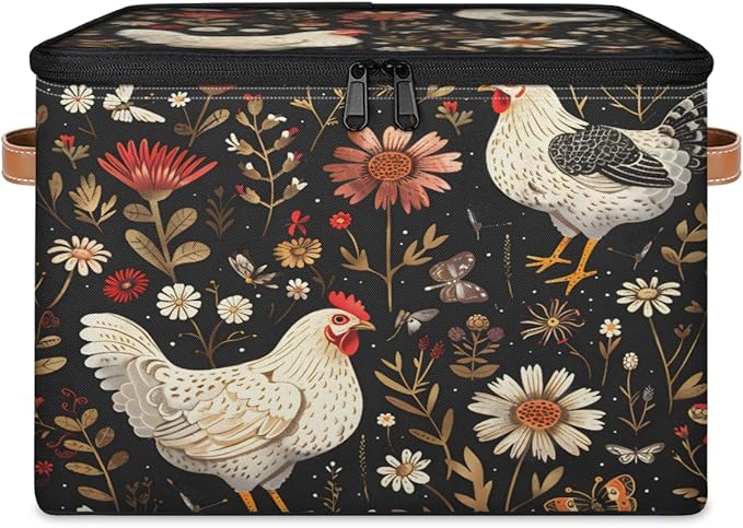 Farmhouse Chicken Storage Bins with Lids, Boho Wildflower Fabric Storage Boxes with Zipper, Collapsible Decorative Closet Organizer Cube for Clothes, Toys, Organizing, Shelves
