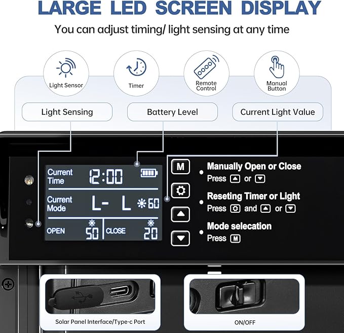 Solar Chicken Coop Door, Automatic Chicken Door Solar Powered & USB Charging, Auto Chicken Door 4 Modes with Timer & Light Sensor, Anti-pinch & Alert, Remote, LED Screen, Aluminum Waterproof Coop Door