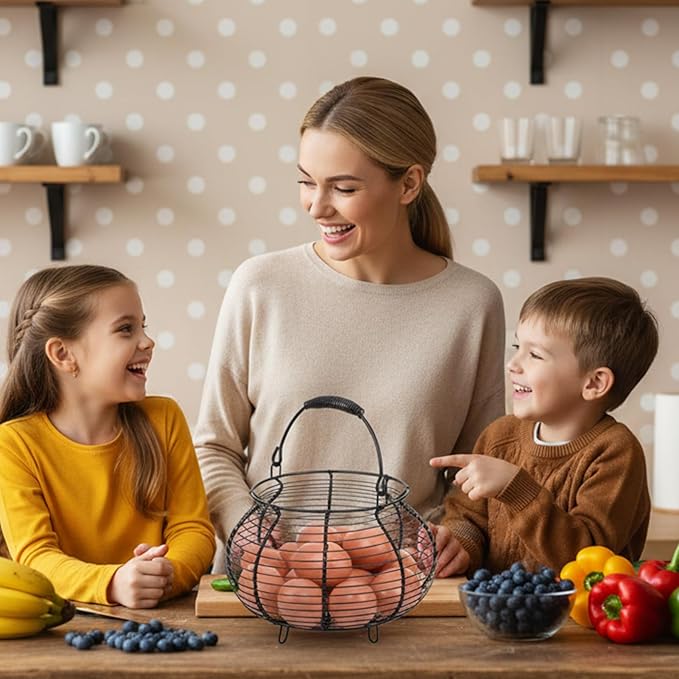 Farmhouse Wire Egg Baskets for Gathering Fresh Egg with Handle & Mat Round Metal Chicken Eggs Collecting Basket Small Metal Wire Basket Eggs Gathering Baskets Countertop Round Chicken Baskets