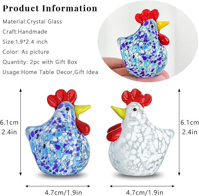 H&D HYALINE & DORA Blown Glass Chicken Figurines Set of 2 Handmade Art Glass Rooster Figurine Crystal Animal Figurine Collectible for Home Decoration Ornament