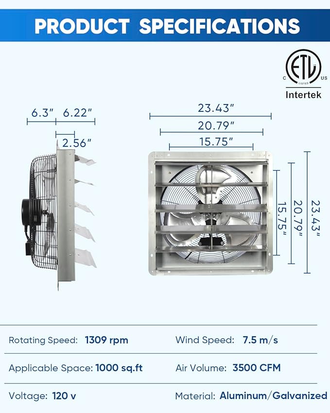 KEN BROWN 20 Inch Shutter Exhaust Fan With 1.65 Meters Power Cord Wall Mounted, High Speed 3500CFM, Vent Fan For Garages And Shops, Greenhouse,Attic Ventilation