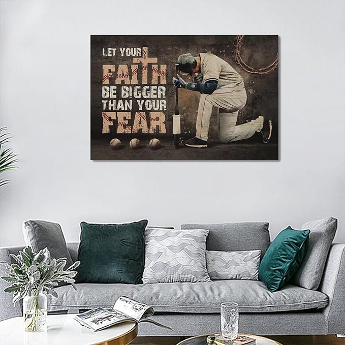 Christian Baseball Wall Art Sport Theme Teen Boy Room Wall Decor Inspirational Quotes Pictures Canvas Prints Artwork Baseball Decor For Boys Room Playroom Bedroom Gym Framed 24"x16"