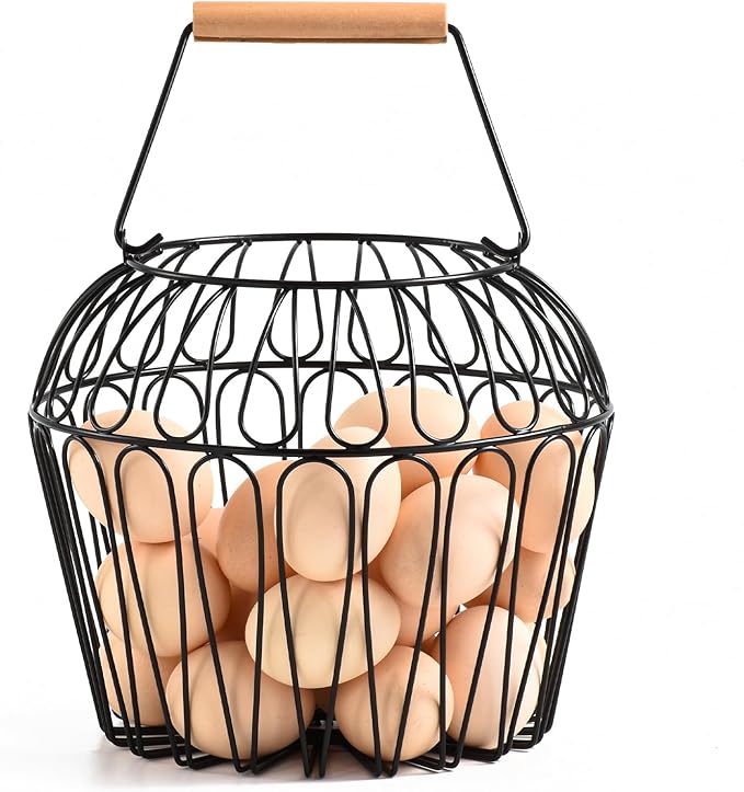 Farmhouse Egg Baskets for Gathering Fresh Egg With Handle, Round Metal Chicken Basket Collecting Fresh Egg Holder for Countertop Kitchen